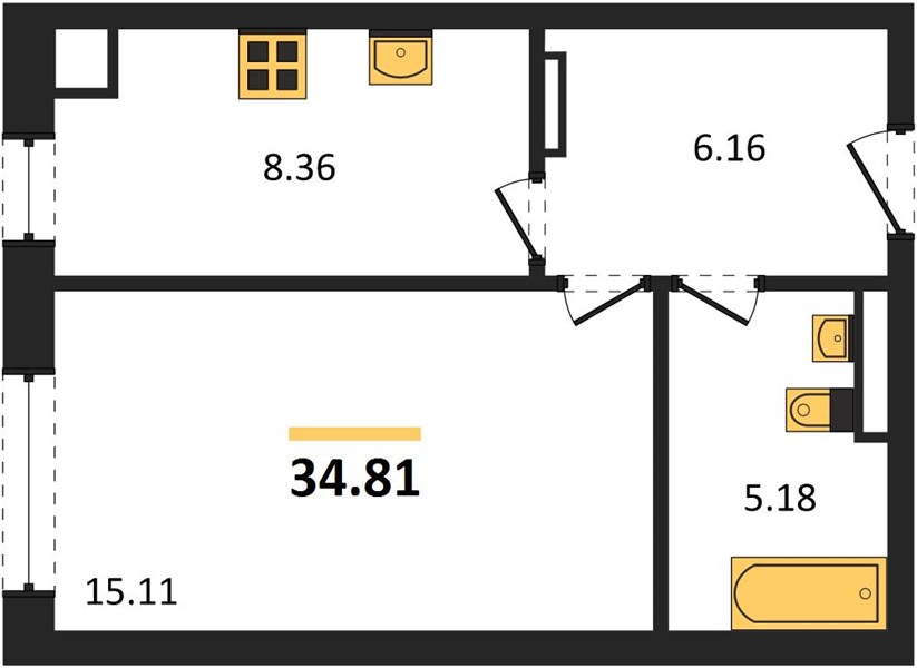 ЖК «Кубики» — 1-комнатная, 34,81 м²