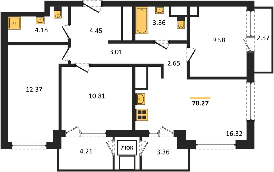 ЖК «СОК» — 3-комнатная, 70,27 м²