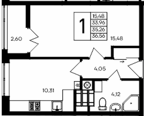 ЖК «Сезоны» — 1-комнатная, 36,56 м²