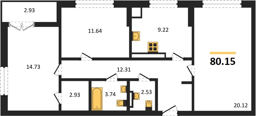 ЖК «Сезоны» — 3-комнатная, 80,15 м²